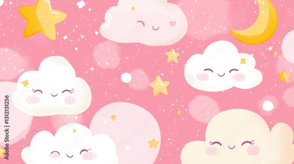 Cute clouds and stars on a pink background Cute clouds and stars on a pink background
