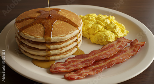 Classic Breakfast Plate With Scrambled Eggs, Bacon, And Pancakes PNG