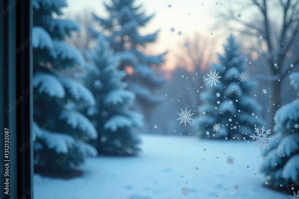 Fototapeta premium Snowflakes gently falling on a frosty windowpane outside, frosty glass, serene atmosphere, calm scene