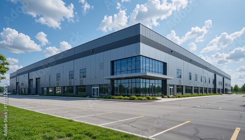Modern Commercial Building with Glass Windows  Well-Maintained Lawn  and Clear Sky