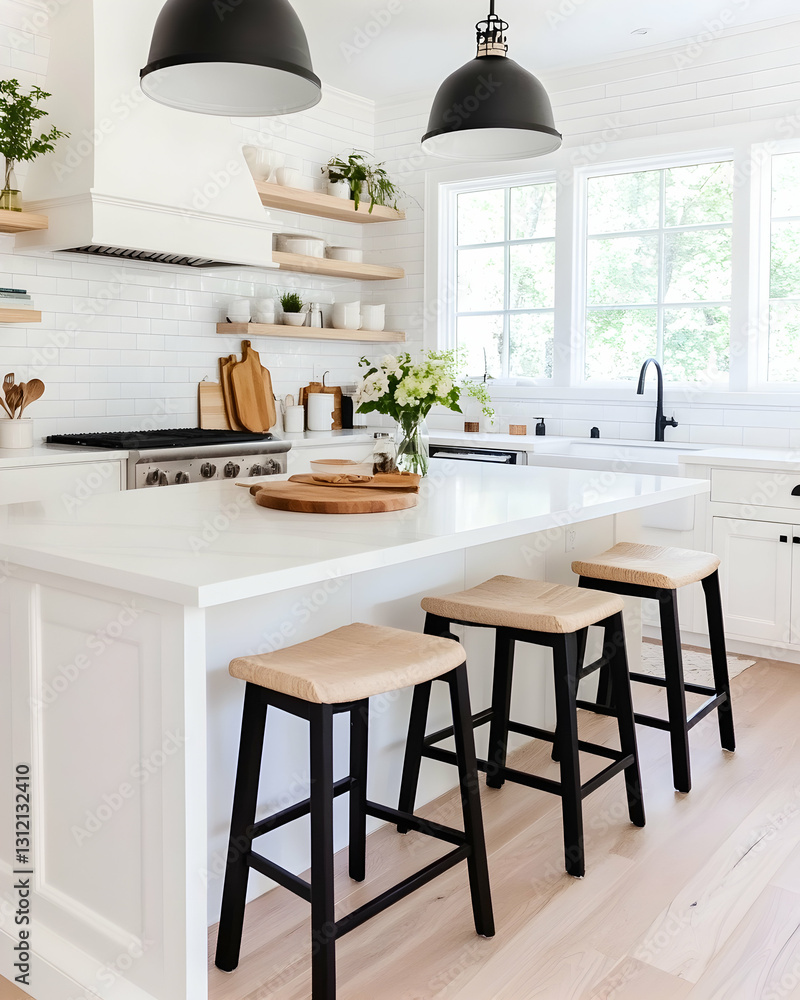 Bright kitchen featuring island with stools, open shelves, marble counters, white cabinets, wood floors Bright kitchen featuring island with stools, open shelves, marble counters, white cabinets, wood floors