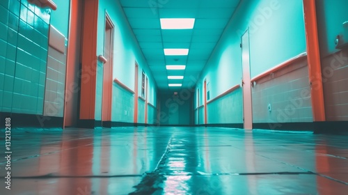 Urban environment mysterious low angle photo of abandoned hallway