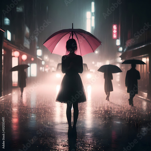 Mysterious Woman with a Pink Umbrella on a Rainy Night