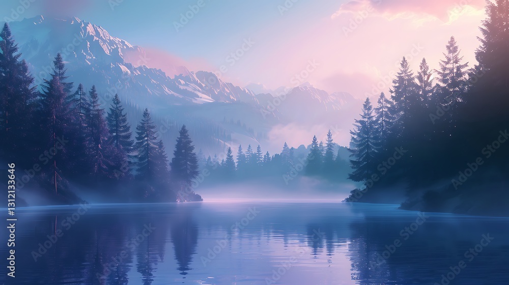 A serene lake surrounded by dense pine forests with mist hovering over the water at dawn, reflecting the soft pastel colors of the morning sky, 8k A serene lake surrounded by dense pine forests with mist hovering over the water at dawn, reflecting the soft pastel colors of the morning sky, 8k
