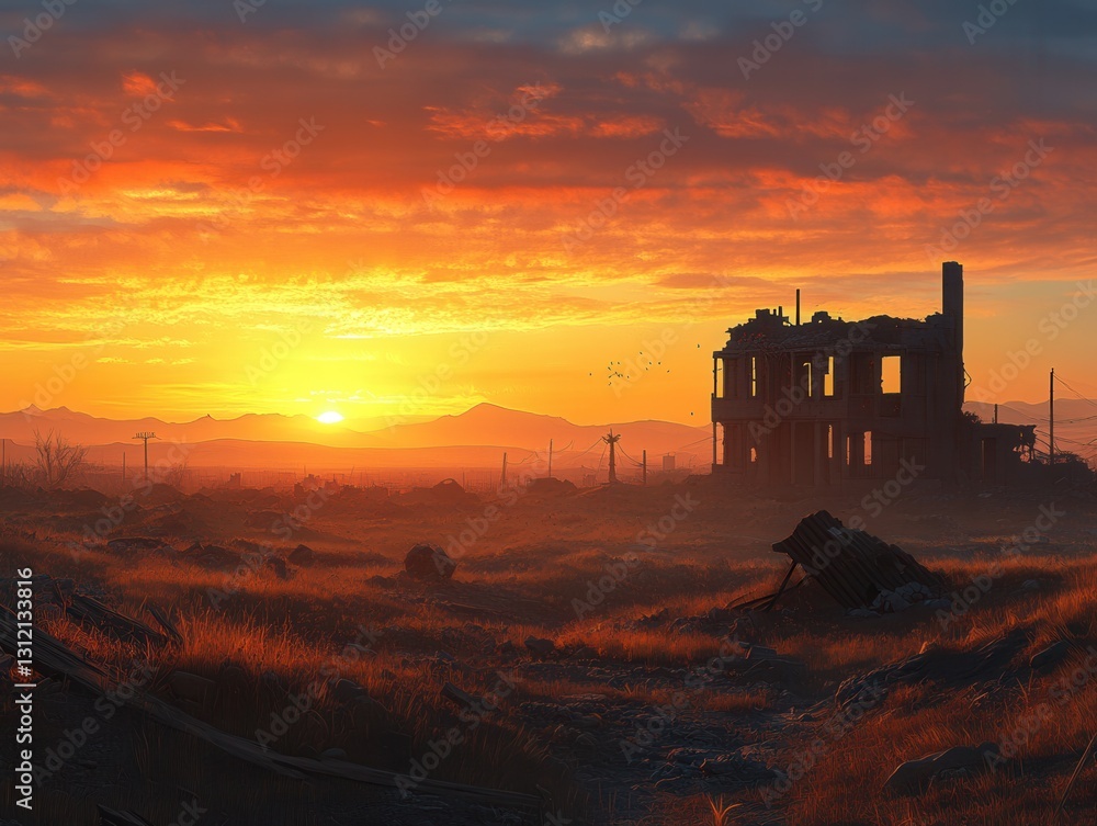 Golden light falls on a desolate desert landscape revealing remnants of a forgotten structure at sunset. Generative AI Golden light falls on a desolate desert landscape revealing remnants of a forgotten structure at sunset. Generative AI