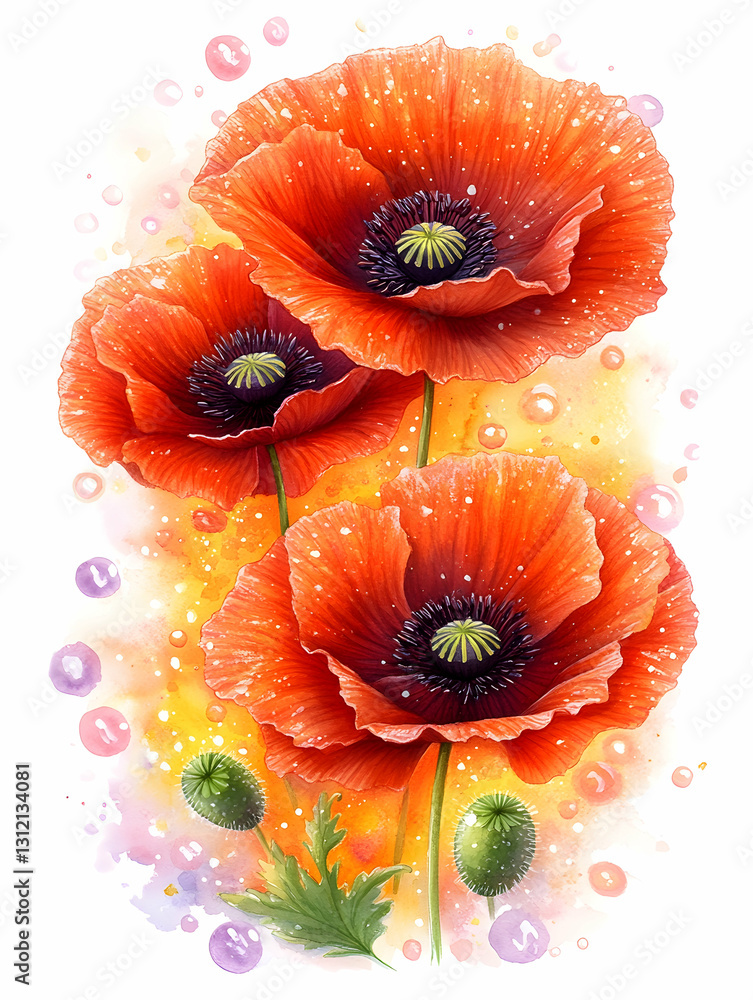 Bright red poppies with water droplet accents on a warm watercolor background Bright red poppies with water droplet accents on a warm watercolor background