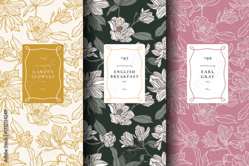 A collection of seamless vector patterns featuring intricate floral designs, perfect for enhancing tea packaging aesthetics. These patterns are ideal for various tea products, adding a touch of elegan