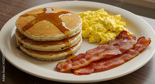 Hearty Breakfast Plate With Scrambled Eggs, Bacon, And Pancakes PNG