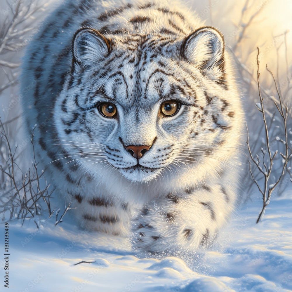 Obraz premium Close up view of a white snow leopard walking through a snowy landscape, illuminated by warm sunlight. The leopard's fur is detailed, and the background is blurred but shows winter branches.