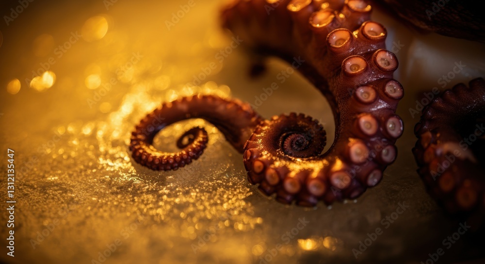 Close-up of octopus tentacle on ice with warm lighting Close-up of octopus tentacle on ice with warm lighting