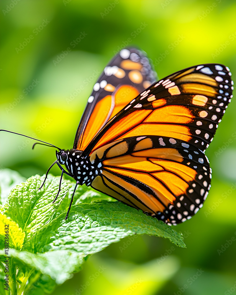 Naklejka premium Butterfly on leaf orange wings with black dots, green backdrop, close-up view