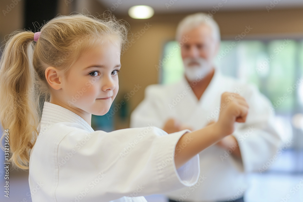 Medium shot of a girl in a karate uniform practicing a kick under the supervision of a coach Medium shot of a girl in a karate uniform practicing a kick under the supervision of a coach
