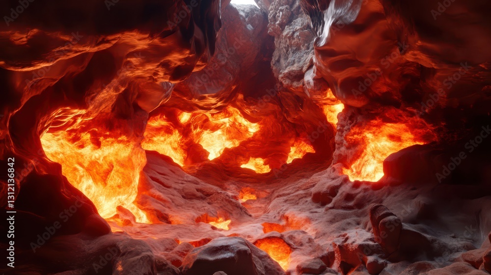 Fiery embers solid rock concept. A fiery interior of a cave, illuminated by glowing lava, showcasing dramatic rock formations in a mesmerizing display of nature's power. Fiery embers solid rock concept. A fiery interior of a cave, illuminated by glowing lava, showcasing dramatic rock formations in a mesmerizing display of nature's power.