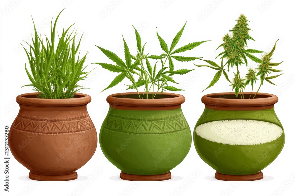 Three illustrated clay pots showing different cannabis plant growth stages Three illustrated clay pots showing different cannabis plant growth stages