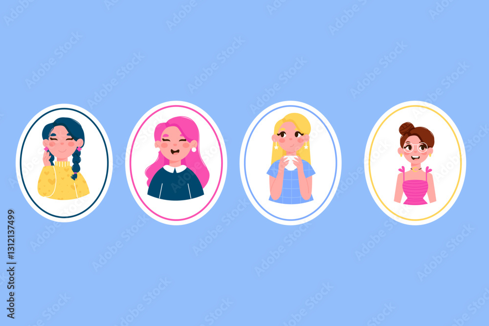 Set of stickers of different characters avatars of women girls with different emotions
