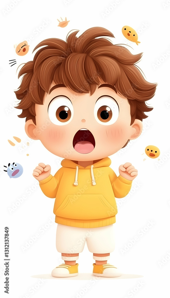 Cartoon boy in yellow hoodie, surprised expression, floating icons Cartoon boy in yellow hoodie, surprised expression, floating icons