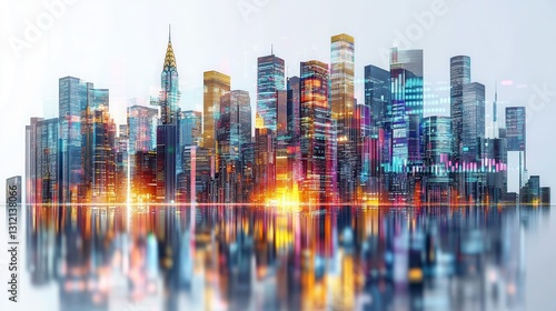 A sleek, modern cityscape with bright, shining forex charts superimposed, isolated on a white background.
