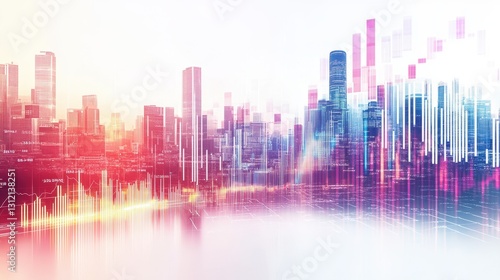 A sleek  modern cityscape with bright  shining forex charts superimposed  isolated on a white background.