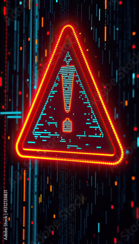 Warning signal on screen with digital code flowing indicating system error security risk