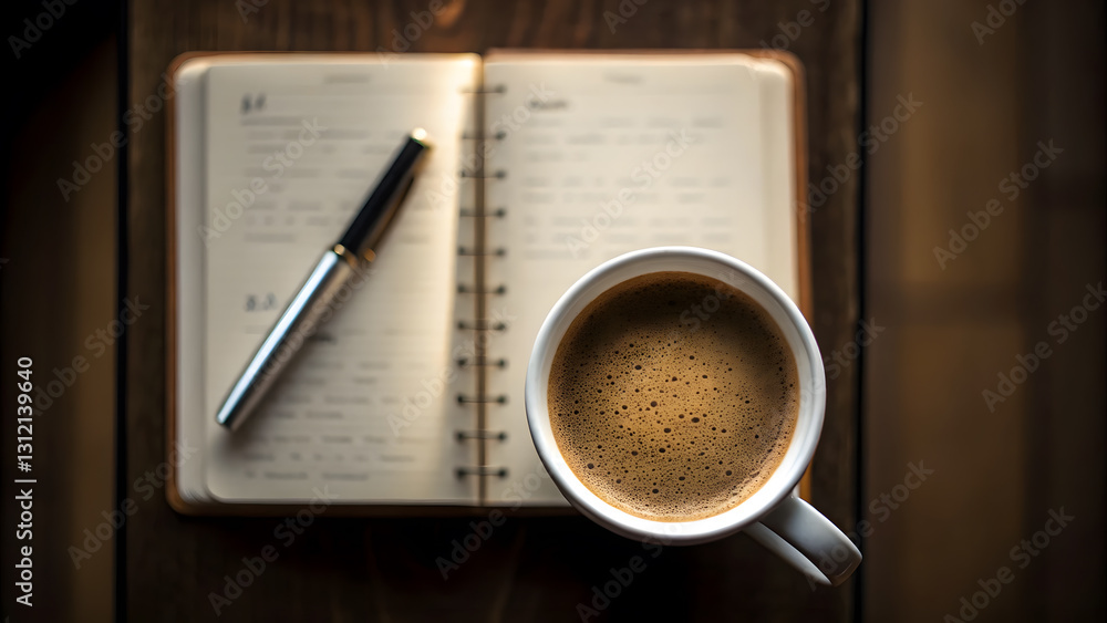 top down view of coffee cup beside open notebook and pen, creating cozy atmosphere top down view of coffee cup beside open notebook and pen, creating cozy atmosphere