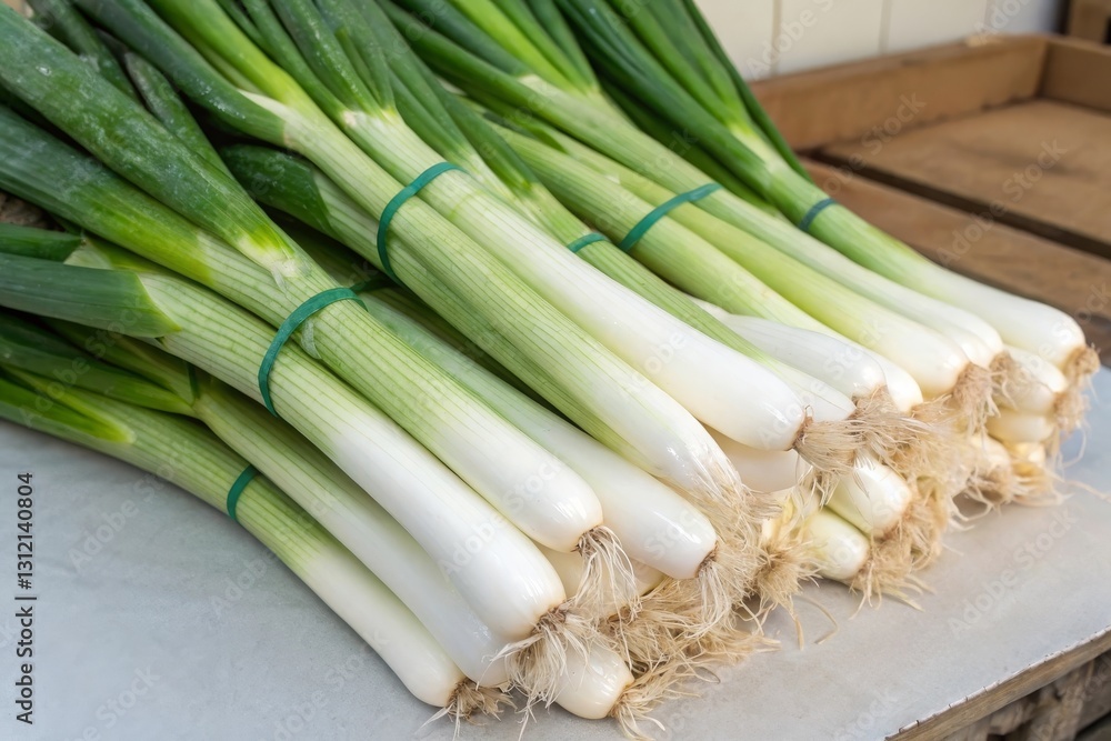 Harvesting fresh leeks green stalks and white roots in a vibrant market environment Harvesting fresh leeks green stalks and white roots in a vibrant market environment