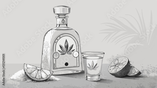 Minimalist Black and White Line Art Illustration of a Classic Tequila Bottle with Filled Shot Glass  
