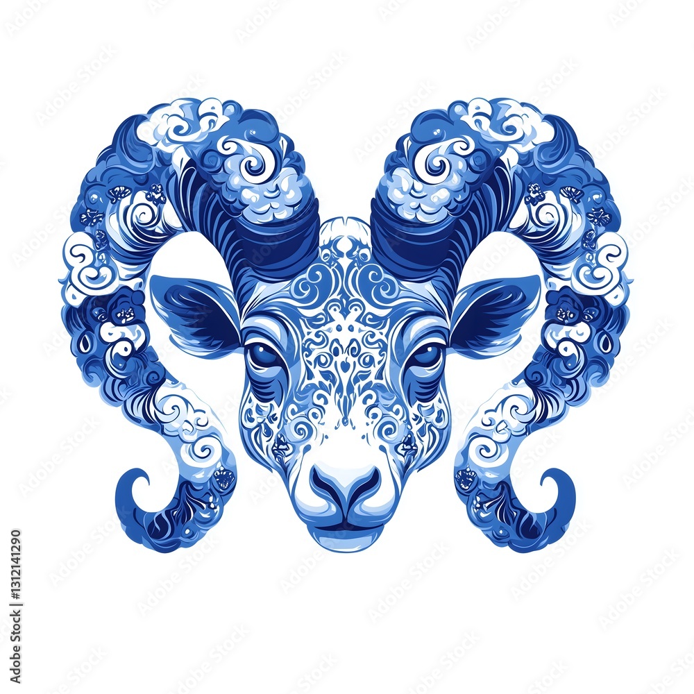 Obraz premium Blue and white ram head with ornate details