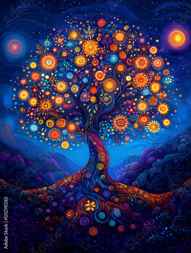 Fantasy landscape with the colorful tree