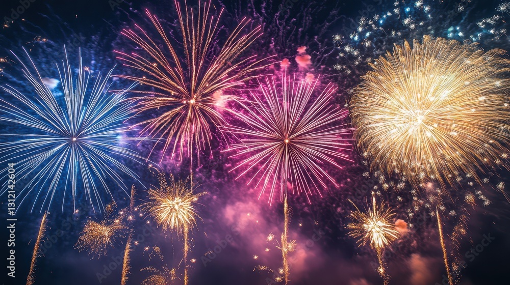 Fototapeta premium A stunning display of colorful fireworks lights up the night sky, capturing the festive and celebratory spirit of a special occasion.