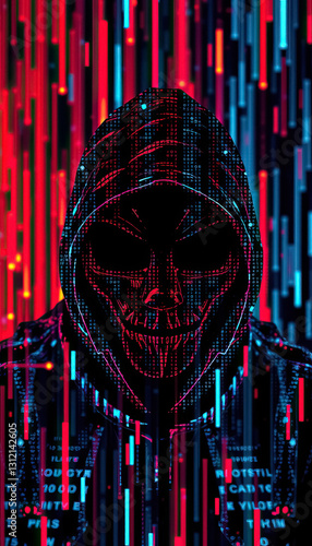 Mysterious figure in dark hooded mask overlaid with digital code bathed in colorful light