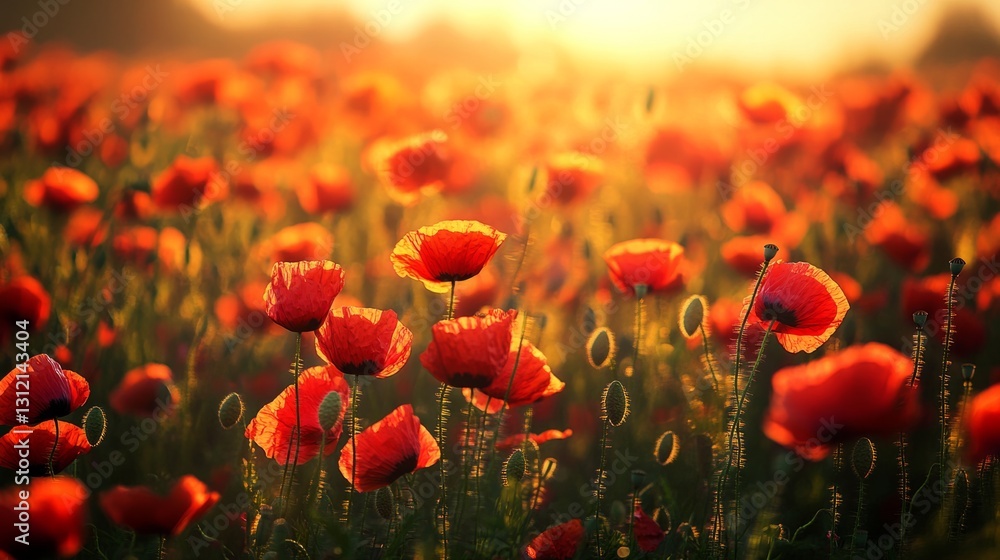 Obraz premium Sunflower field at golden hour, warm sunlight casting a soft glow on the petals generative ai