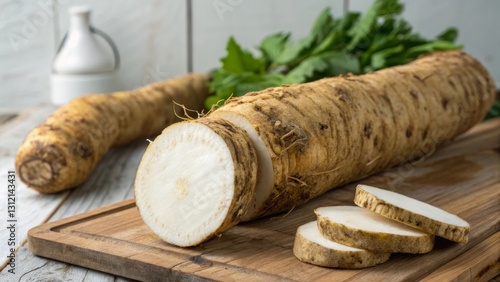 Harvesting fresh horseradish root with rough brown skin and white flesh in a rustic kitchen setting for culinary exploration photo