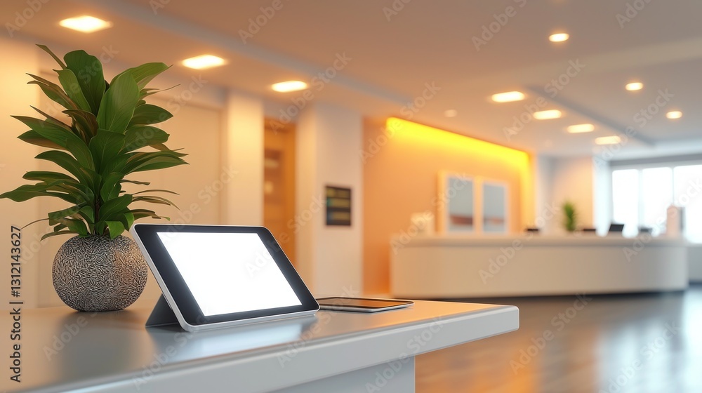 Fototapeta premium Modern tablet on reception desk in office lobby