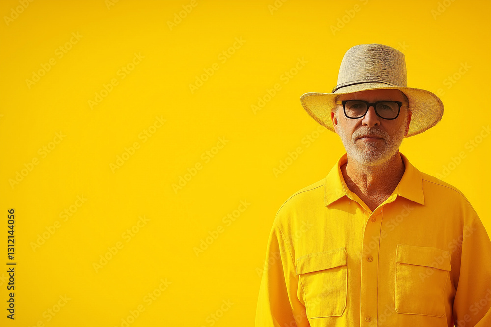 Man in yellow shirt and hat stands confidently against bright yellow backdrop in sunny outdoor setting Man in yellow shirt and hat stands confidently against bright yellow backdrop in sunny outdoor setting