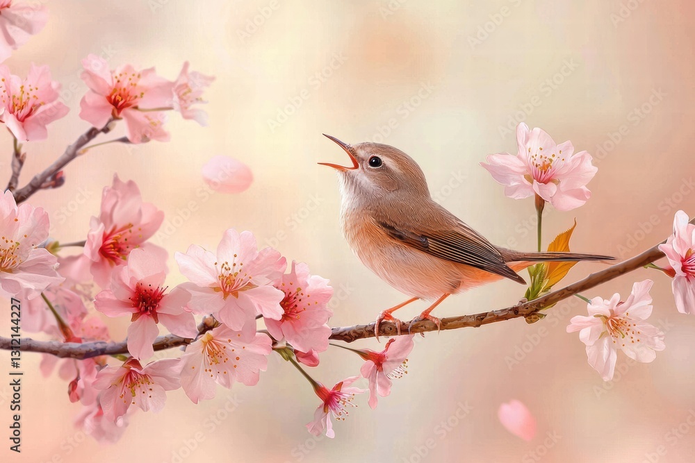 Charming Bird Singing Amid Beautiful Cherry Blossom Flowers