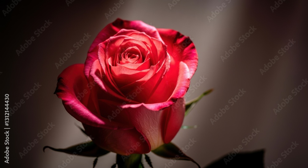 Vibrant red rose blooming in soft light with textured petals Vibrant red rose blooming in soft light with textured petals