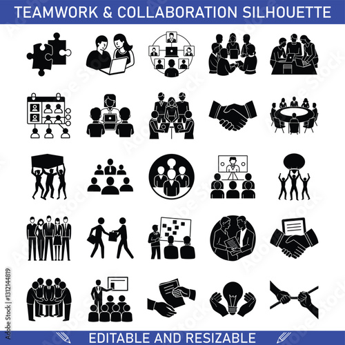 Teamwork Collaboration Silhouettes Meeting, Project, Puzzle, Success Icons