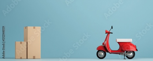 A red scooter parked next to wooden boxes against a light blue wall, suggesting a delivery or transport theme.