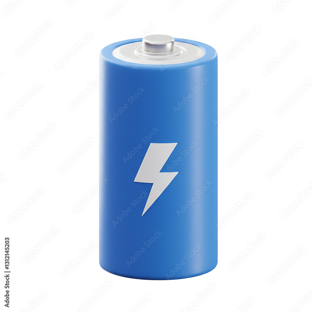High-Capacity Rechargeable Battery Cell Power Source, Cylindrical Design, Blue, Energy Storage Device, Lightning Bolt Symbol, 3D Render High-Capacity Rechargeable Battery Cell Power Source, Cylindrical Design, Blue, Energy Storage Device, Lightning Bolt Symbol, 3D Render