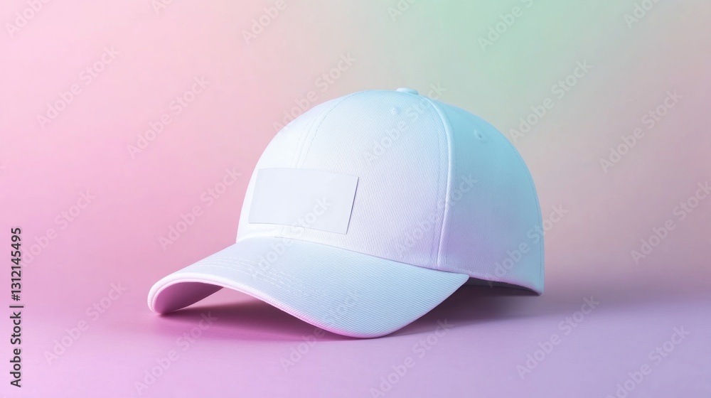 Fototapeta premium Blank white baseball cap, subtly angled, on a soft pastel background