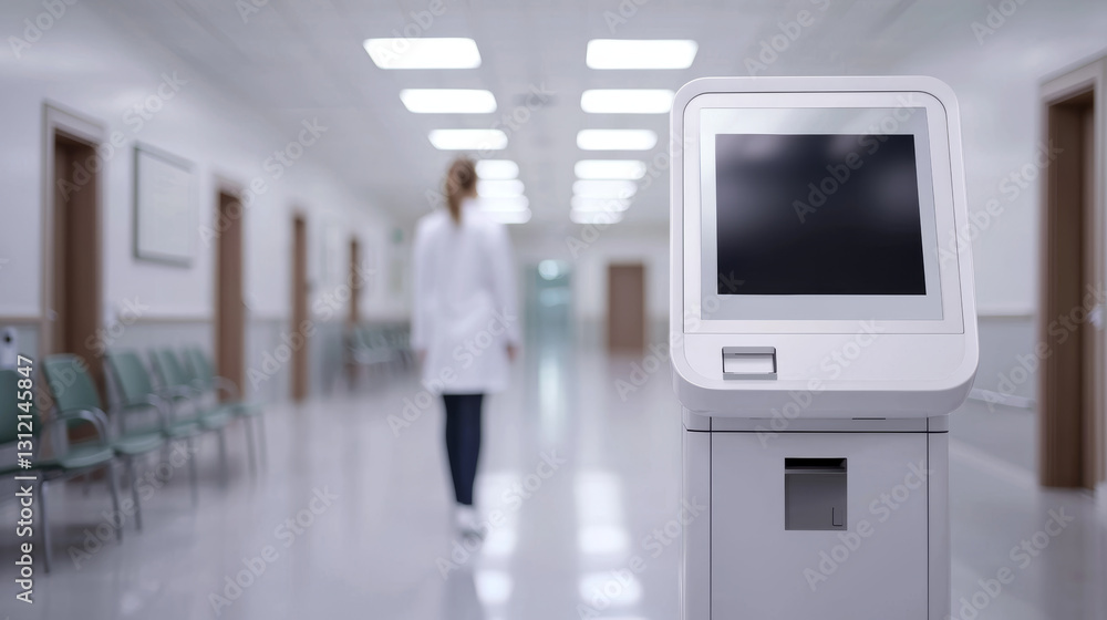 custom made wallpaper toronto digitalWoman walks past health screening kiosk, modern and clean, it feels clinical