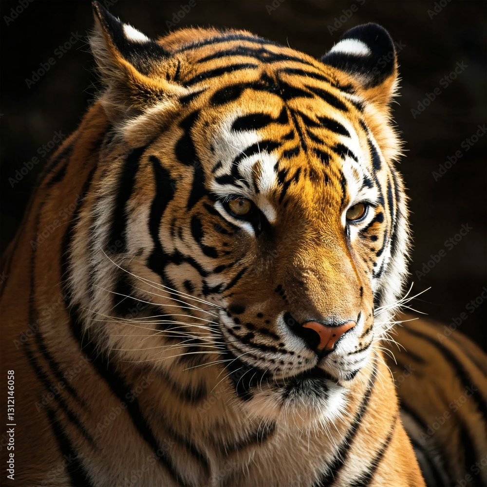 Dramatic Tiger Portrait with Strong Muscles and Distinctive Stripes Dramatic Tiger Portrait with Strong Muscles and Distinctive Stripes