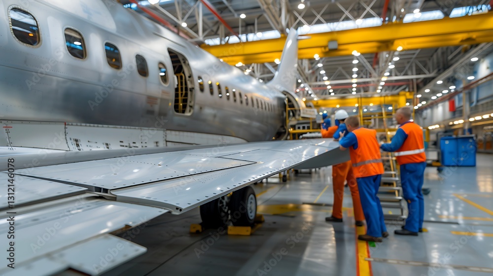 Aircraft Maintenance Crew Working on a Wing Assembly in Hangar Aircraft Maintenance Crew Working on a Wing Assembly in Hangar