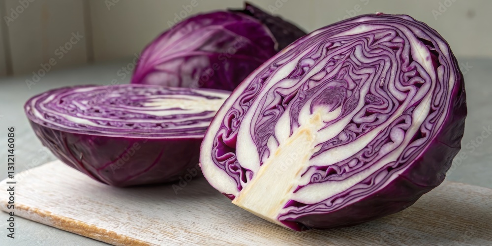 Fototapeta premium Cutting a purple cabbage in half kitchen food photography bright lighting close-up spiral design revealed for culinary inspiration