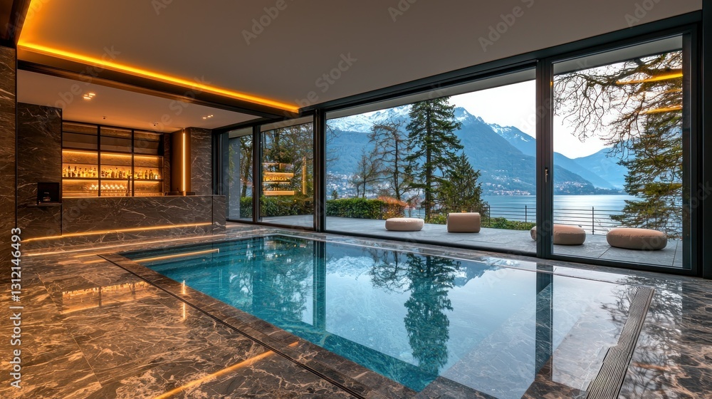 Obraz premium Luxurious indoor pool with lake view; modern spa in a villa