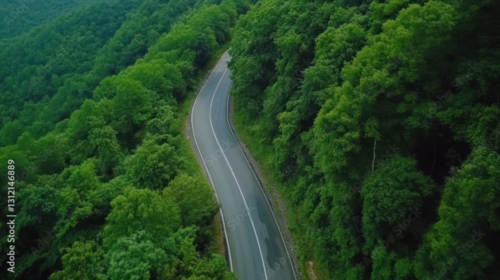 A winding road surrounded by lush green trees on a hillside A winding road surrounded by lush green trees on a hillside