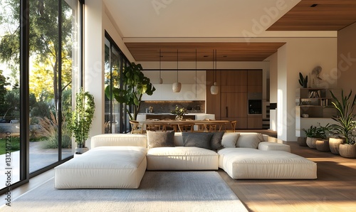 Modern open concept living room featuring natural light and spacious design elements