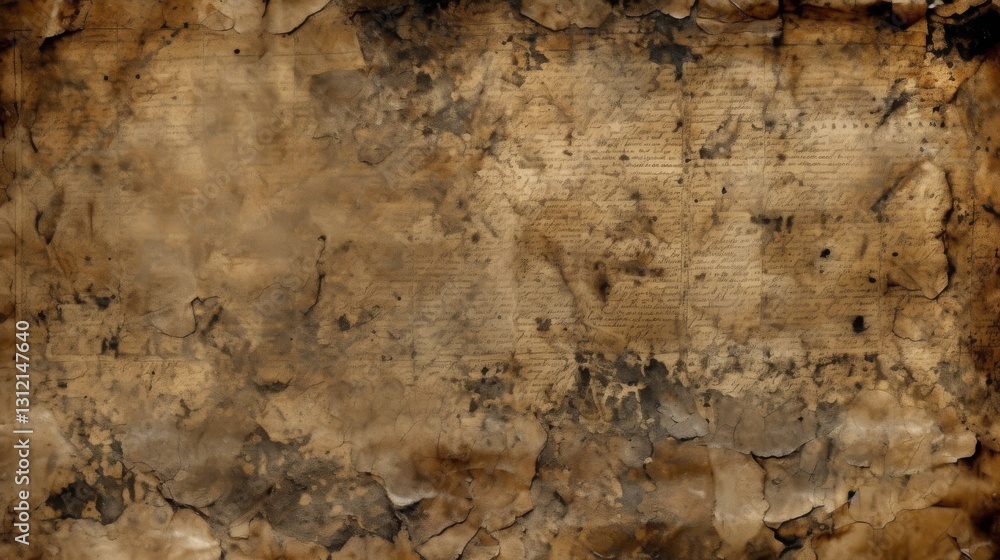An aged piece of parchment with dark blotches, heavy wear An aged piece of parchment with dark blotches, heavy wear
