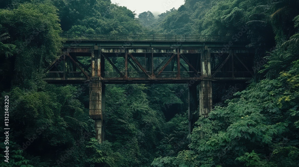 Fototapeta premium A train traversing a bridge deep within a lush jungle forest.