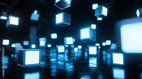Surreal glowing cubes levitating in a futuristic dark room generative ai
